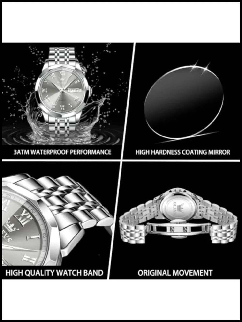 OLEVS Men's Luxury Waterproof Watch, Stainless Steel Bracelet, Roman Numerals,